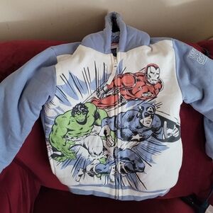 KIDS BLUE SHERPA LINED MARVEL SUPERHEROES HOODED COAT SIZE 7 EUC